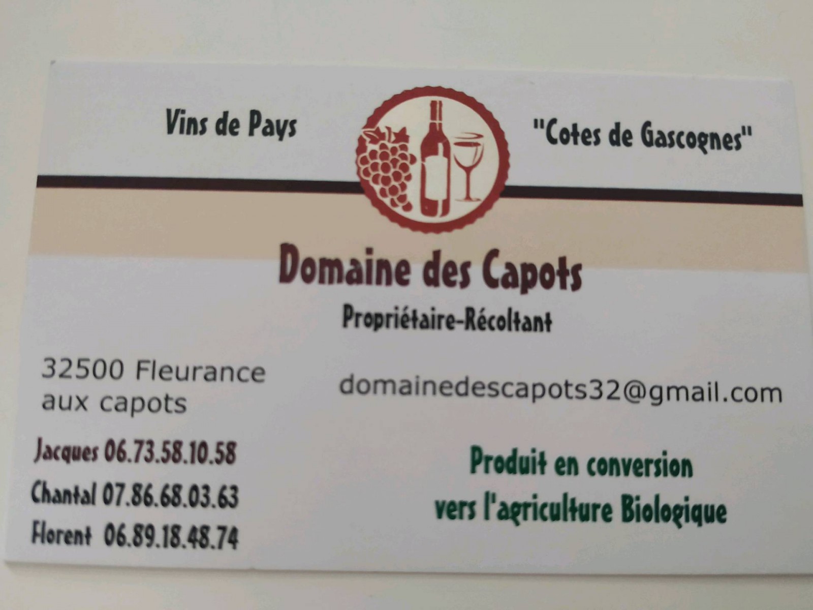 Propriétaire récoltant de vin bio Fleurance aux capots Domaine des Capots