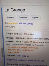 Trouver un restaurant pour commander mes plats favoris  Six fours les plages  La grange